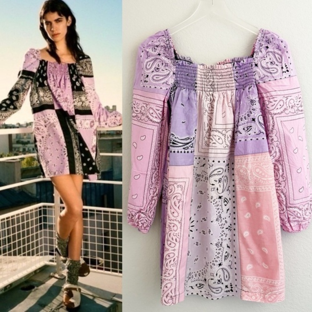 Re/Done Patchwork Pink Purple Redone Babydoll Bandana Dress